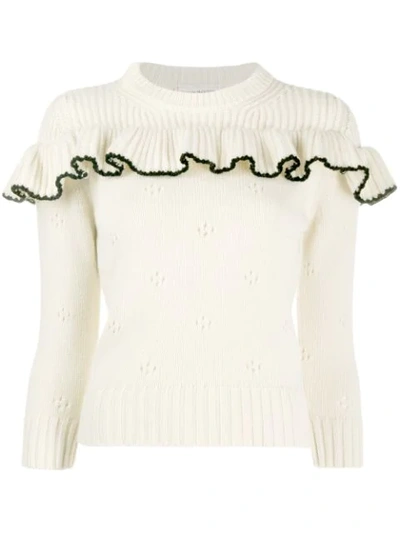 Alexander Mcqueen Cashmere Ruffled Crew Neck Sweater In White