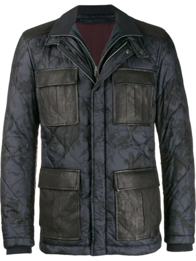 Etro Quilted Camoflage Coat In Blue