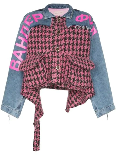Natasha Zinko Houndstooth And Denim Panelled Jacket In Pink/ Light Washed