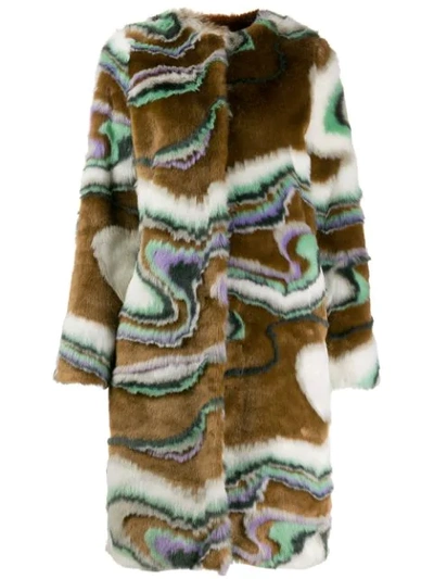 Marco De Vincenzo Faux Fur Wave Print Coat In Brown