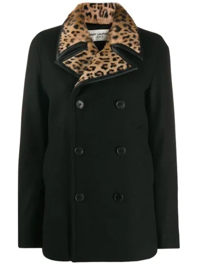 Saint Laurent Leopard Print Collar Double-breasted Coat In Black