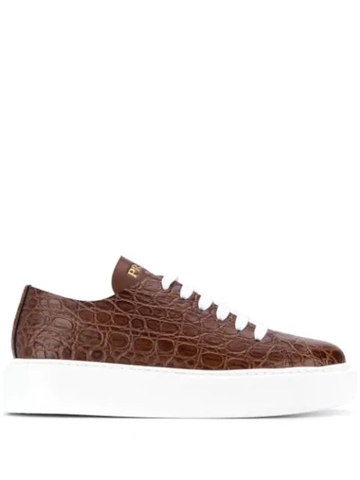Prada Embossed Lace-up Trainers In Brown