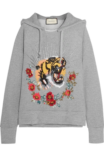 Gucci Embroidered Embellished Cotton-jersey Hooded Top In Gray