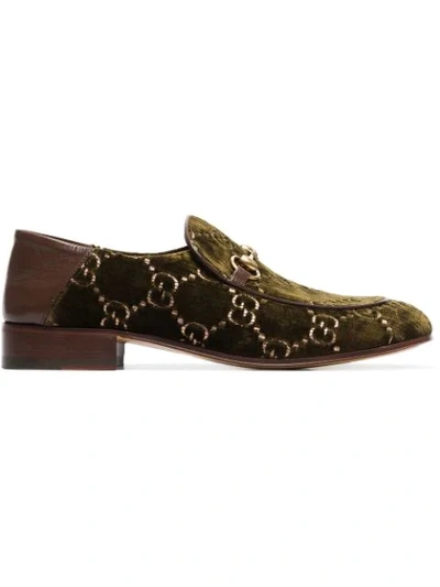 Gucci Horsebit Collapsible-heel Leather-trimmed Embroidered Velvet Loafers In Green