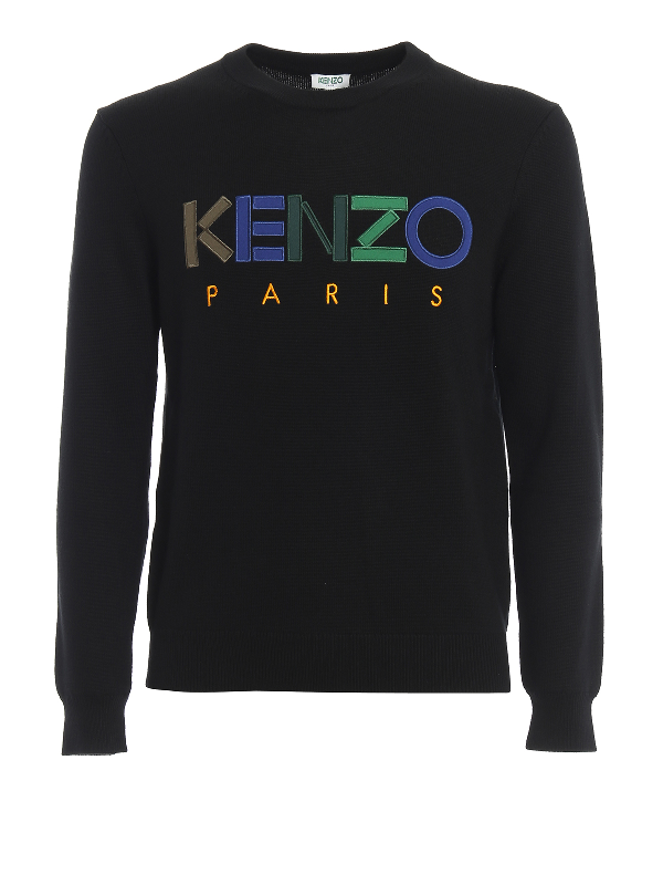 Kenzo Multicolour Logo Embroidered Wool Sweater In Black | ModeSens