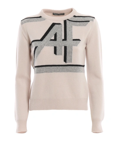 Alberta Ferretti Logo Intarsia Wool And Cashmere Crop Sweater In Light Beige