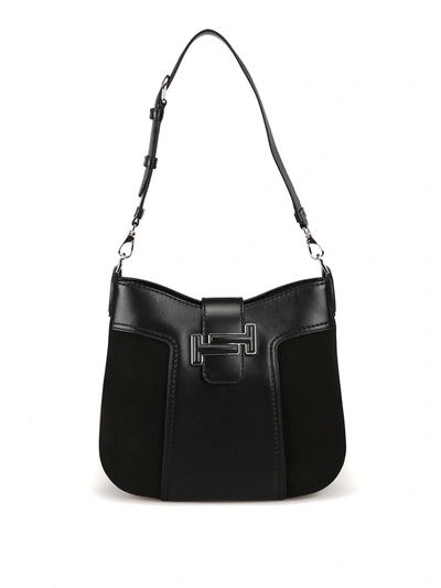 Tod's Double T Leather And Suede Hobo Bag In Black