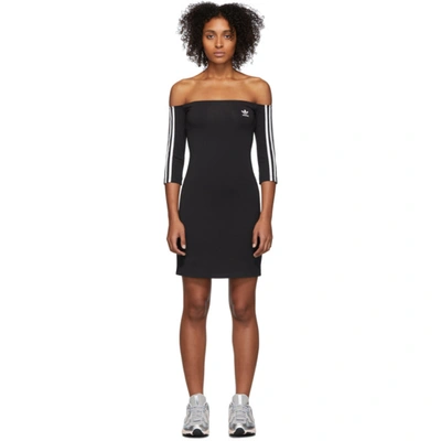 Adidas Originals Striped Off-the-shoulder Cotton-jersey Mini Dress In Black