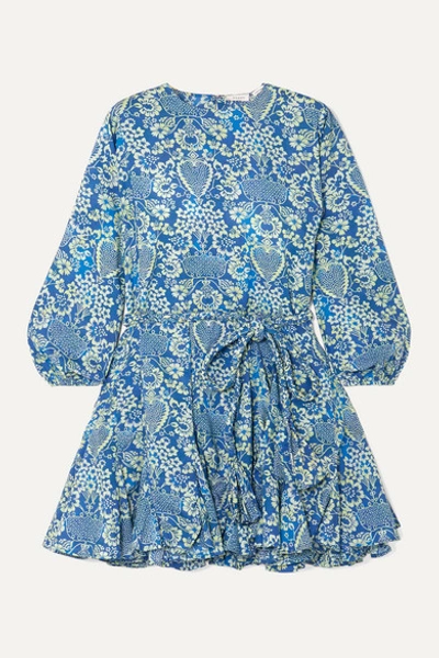 Rhode Ella Pleated Floral-print Cotton-poplin Mini Dress In Blue