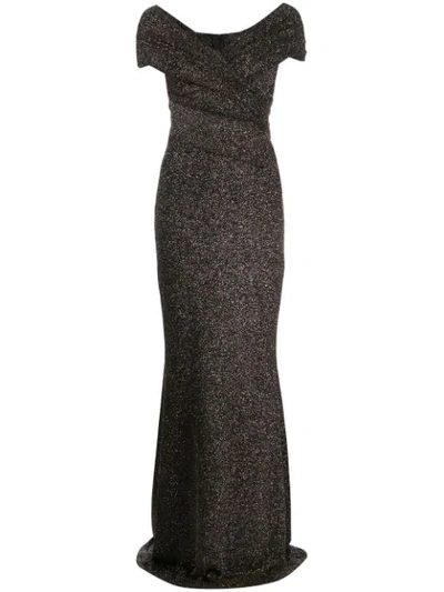 Talbot Runhof Tokara Off-the-shoulder Ruched Stretch-lurex Gown In Black