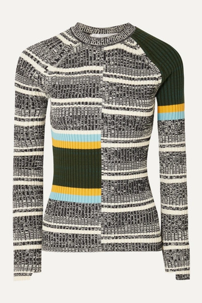 Victoria Beckham Striped Ribbed Cotton-blend Sweater In Black