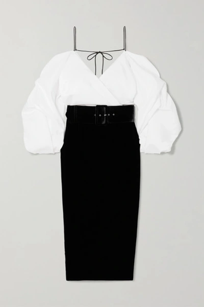 Rasario Off-the-shoulder Belted Velvet And Shantung Midi Dress In Black