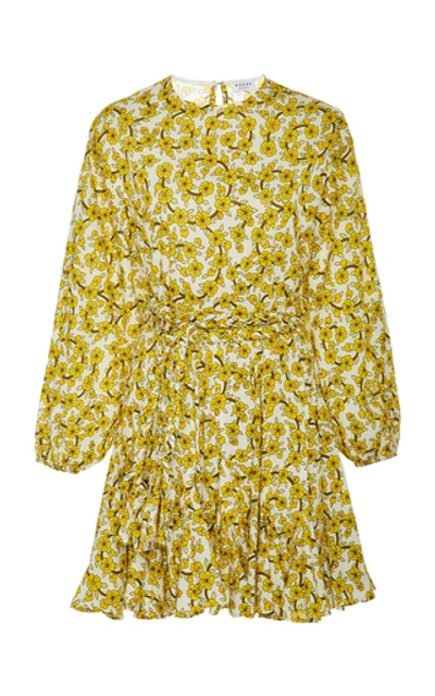 Rhode Ella Pleated Floral-print Cotton-poplin Mini Dress In Gold