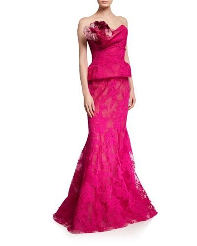 Marchesa Corded Lace Fit & Flare Gown In Fuchsia