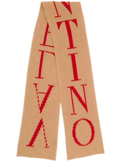 Valentino Logo-intarsia Wool-blend Scarf In Brown