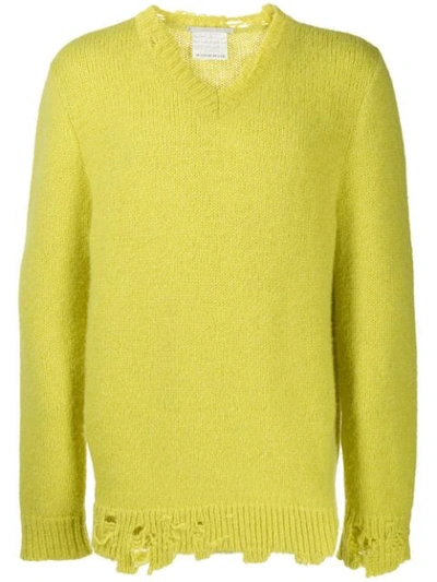 Stella Mccartney Distressed V-neck Alpaca-wool Sweater In Yellow