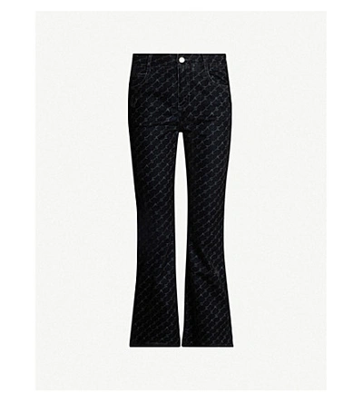 Stella Mccartney Monogram-covered Flared High-rise Velvet Trousers In Black