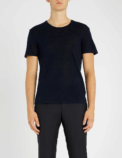 Sandro Crewneck Linen-jersey T-shirt In Navy Blue