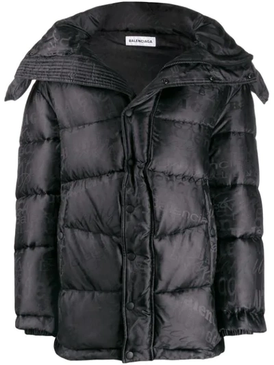 Balenciaga New Swing Hooded Embroidered Quilted Shell-jacquard Coat In Black
