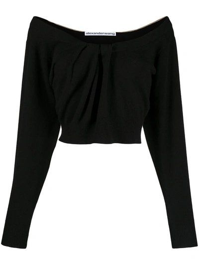 Alexander Wang Cropped Tulle-trimmed Wool-blend Sweater In Black
