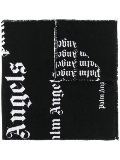 Palm Angels Gothic Monogram Wool Scarf In Black White