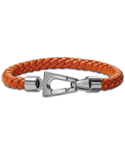 Bulova Men's Orange Braided Leather Bracelet In Stainless Steel