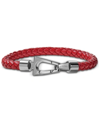 Bulova Men's Red Braided Leather Bracelet In Stainless Steel Women's Shoes