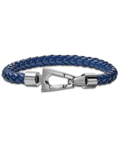 Bulova Men's Blue Braided Leather Bracelet In Stainless Steel Women's Shoes
