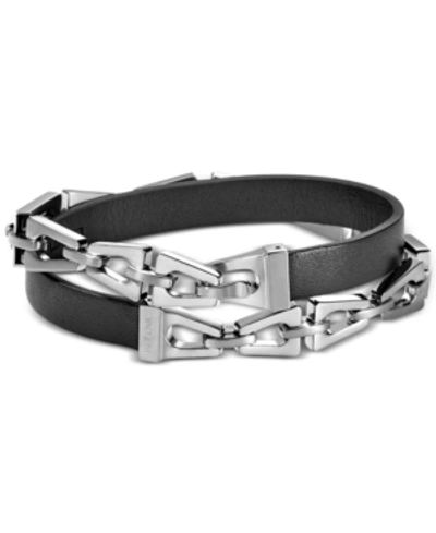 Bulova Men's Black Leather And Tuning-fork Link Wrap Bracelet In Stainless Steel Women's Shoes