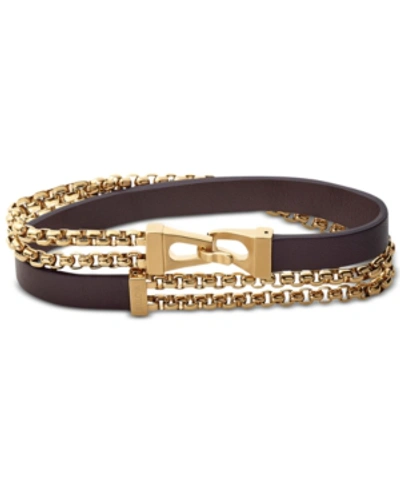 Bulova Men's Double-chain & Leather Wrap Bracelet In Gold-tone Stainless Steel Women's Shoes