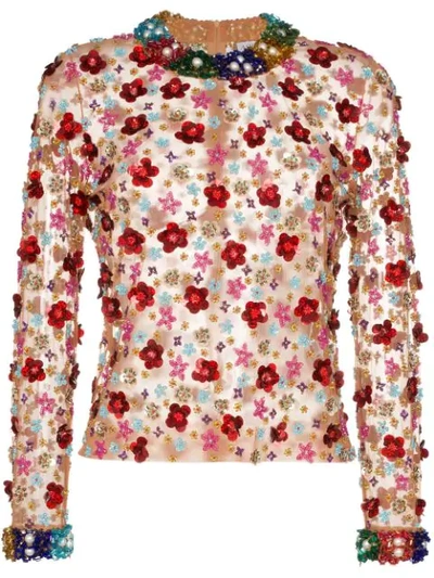 Ashish Beaded Floral Top In Multicoloured