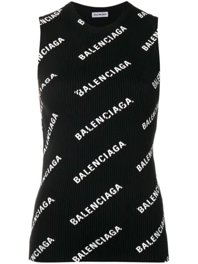 Balenciaga Logo-print Ribbed-knit Sleeveless Top In Black