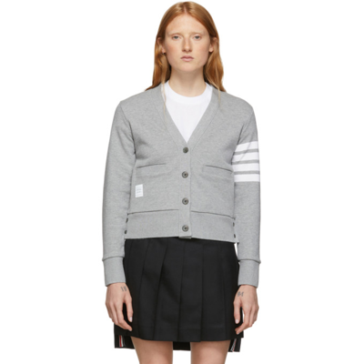 Thom Browne V Neck Intarsia Stripes Cotton Cardigan In Grey