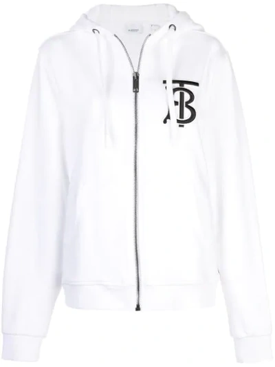 Burberry Tb Logo Zip-up Cotton Jersey Hoodie In White