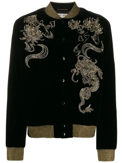 Saint Laurent Embellished Velvet Bomber Jacket In Black