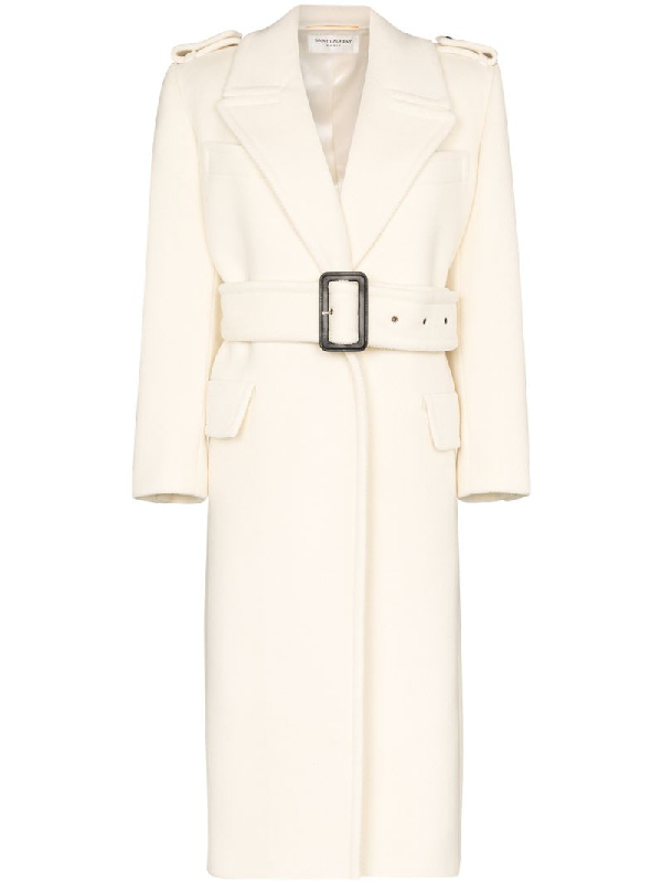 Saint Laurent Oversized Belted Coat In Herringbone Wool In White | ModeSens