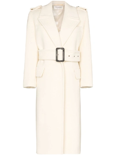 Saint Laurent Oversized Belted Coat In Herringbone Wool In White