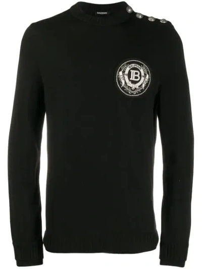 Balmain Embellished Logo Patch Knitted Jumper In Black