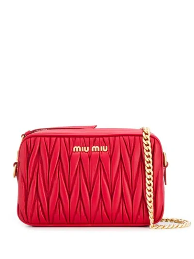 Miu Miu Matelassé Logo Plaque Camera Bag In Red