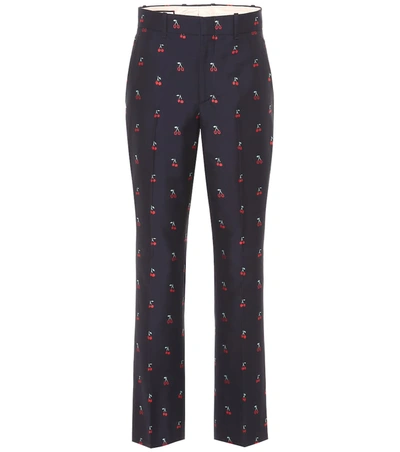 Gucci Gg Cherry Boot-cut Cotton/wool Ankle Pants In Blue/ Red