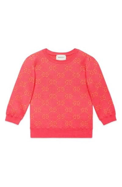 Gucci Kids' Girls' Gg Printed 3/4-sleeve Crewneck Sweater In Hot Pink/ Gold