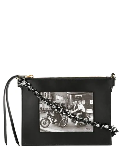 N°21 Motorcycle Photo Print Clutch In Black