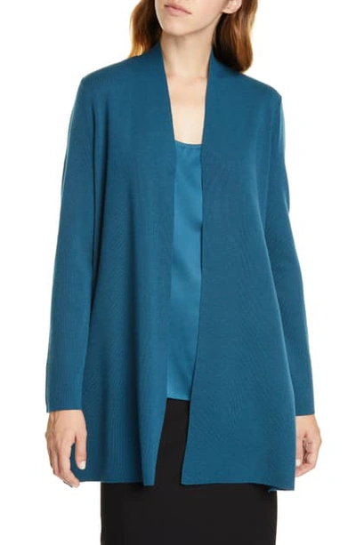Eileen Fisher Ultrafine Merino Wool Straight Long Cardigan In Blue Spruce
