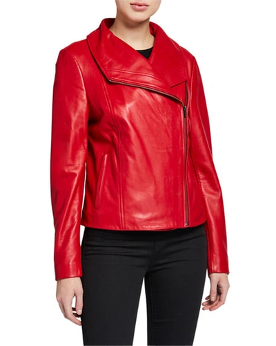 Neiman Marcus Wide-collar Zip-front Leather Jacket In Red