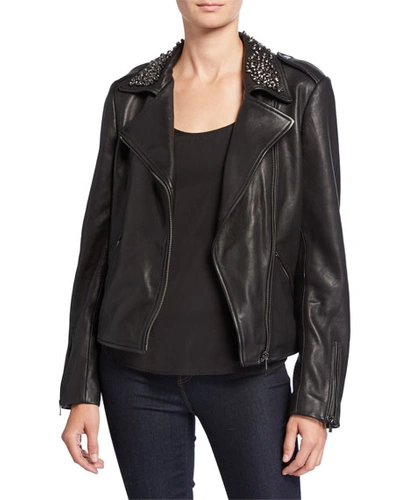 Neiman Marcus Embellished Collar Leather Moto Jacket In Black