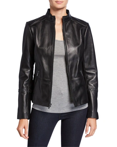 Neiman Marcus Zip-front Leather Jacket With Braided Arm Detail In Black