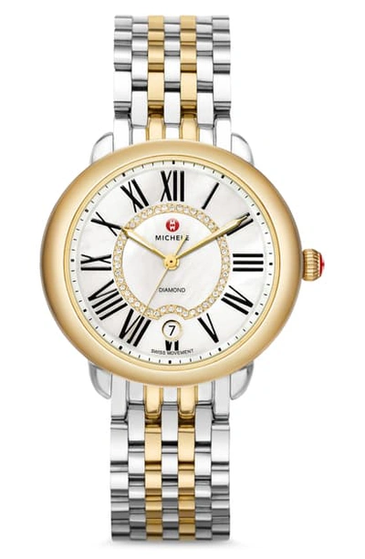 Michele 36mm Serein Mid Steel/gold Diamond-dial Watch In Gold/ Mop