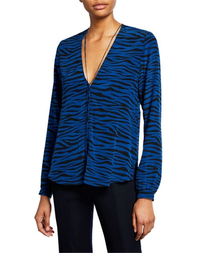 A.l.c Kirk Zebra-stripe V-neck Long-sleeve Silk Top In Blue/black