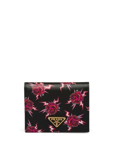 Prada Rose Print Wallet In Black