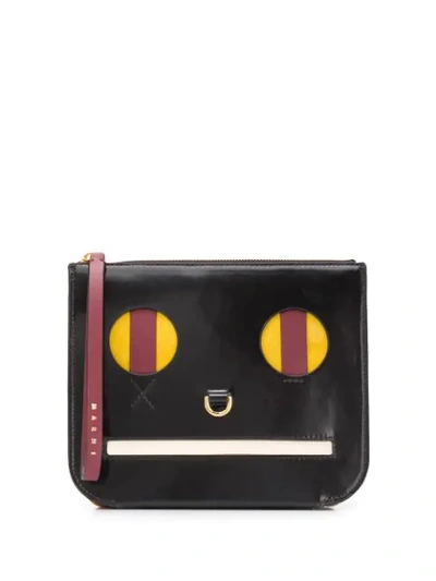 Marni Emoji Motif Clutch Bag In Black + Tobacco